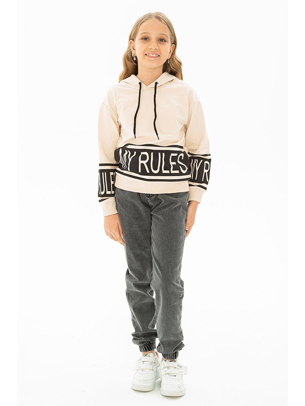 Bej Kapüşonlu Uzun Kol Taş Rengi Kız Çocuk Sweatshirt-1