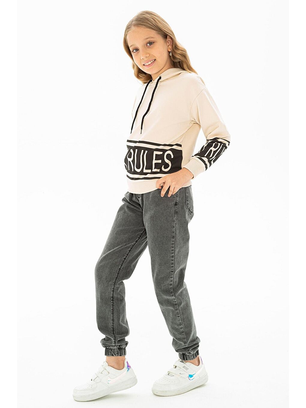 Bej Kapüşonlu Uzun Kol Taş Rengi Kız Çocuk Sweatshirt-2