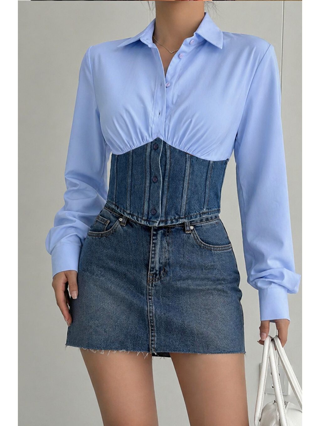 Mavi Kadın Jean Korse Detaylı Özel Tasarım Slim Gömlek-1