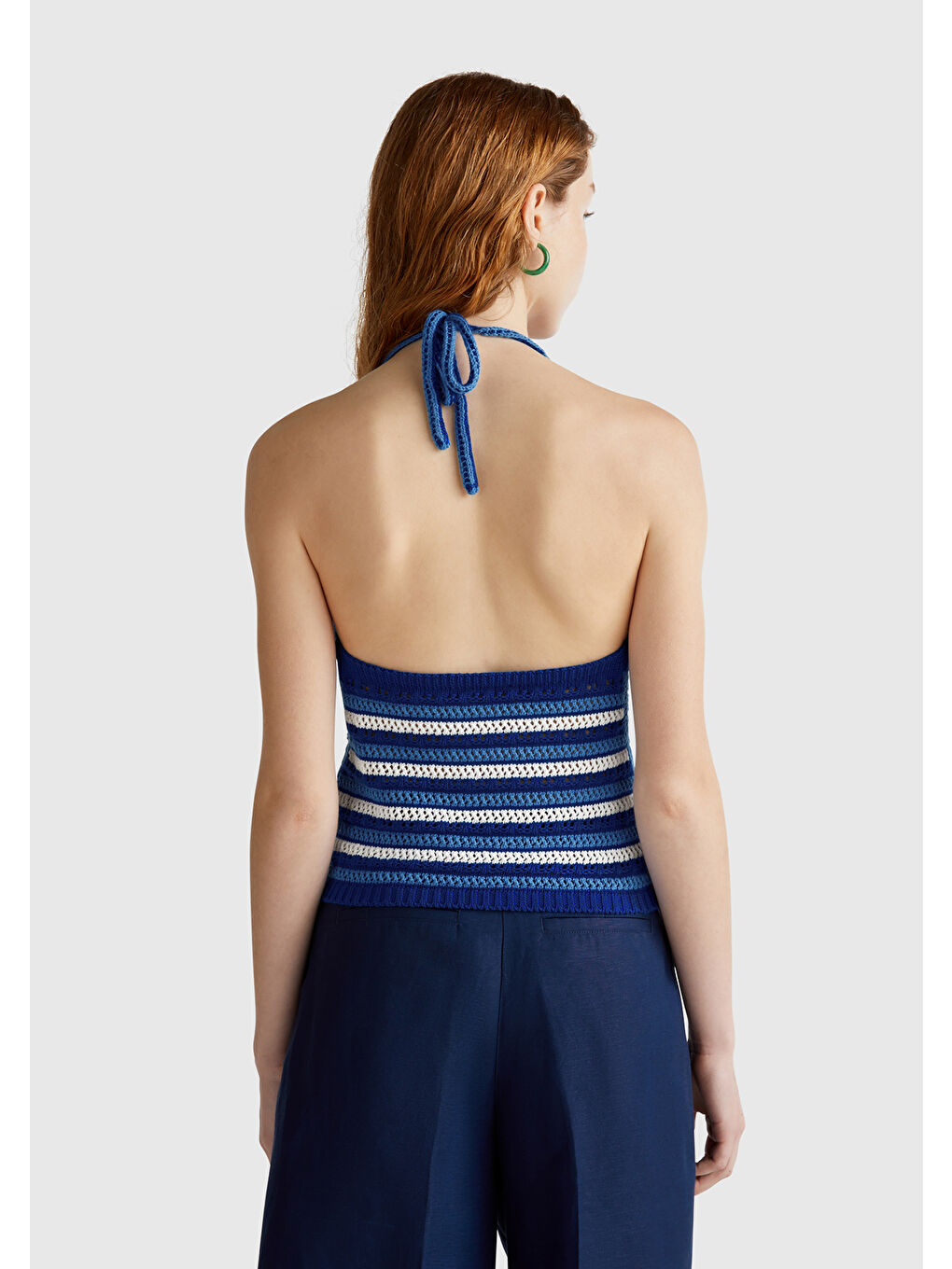 Kadın Mavi Pamuk Karışımlı Halter Yaka Boyundan Bağlamalı Triko Atlet-2