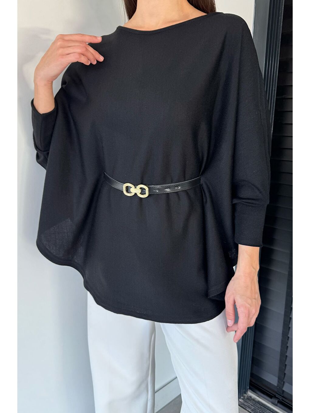 Siyah Kadın Kemerli Triko Panço-4