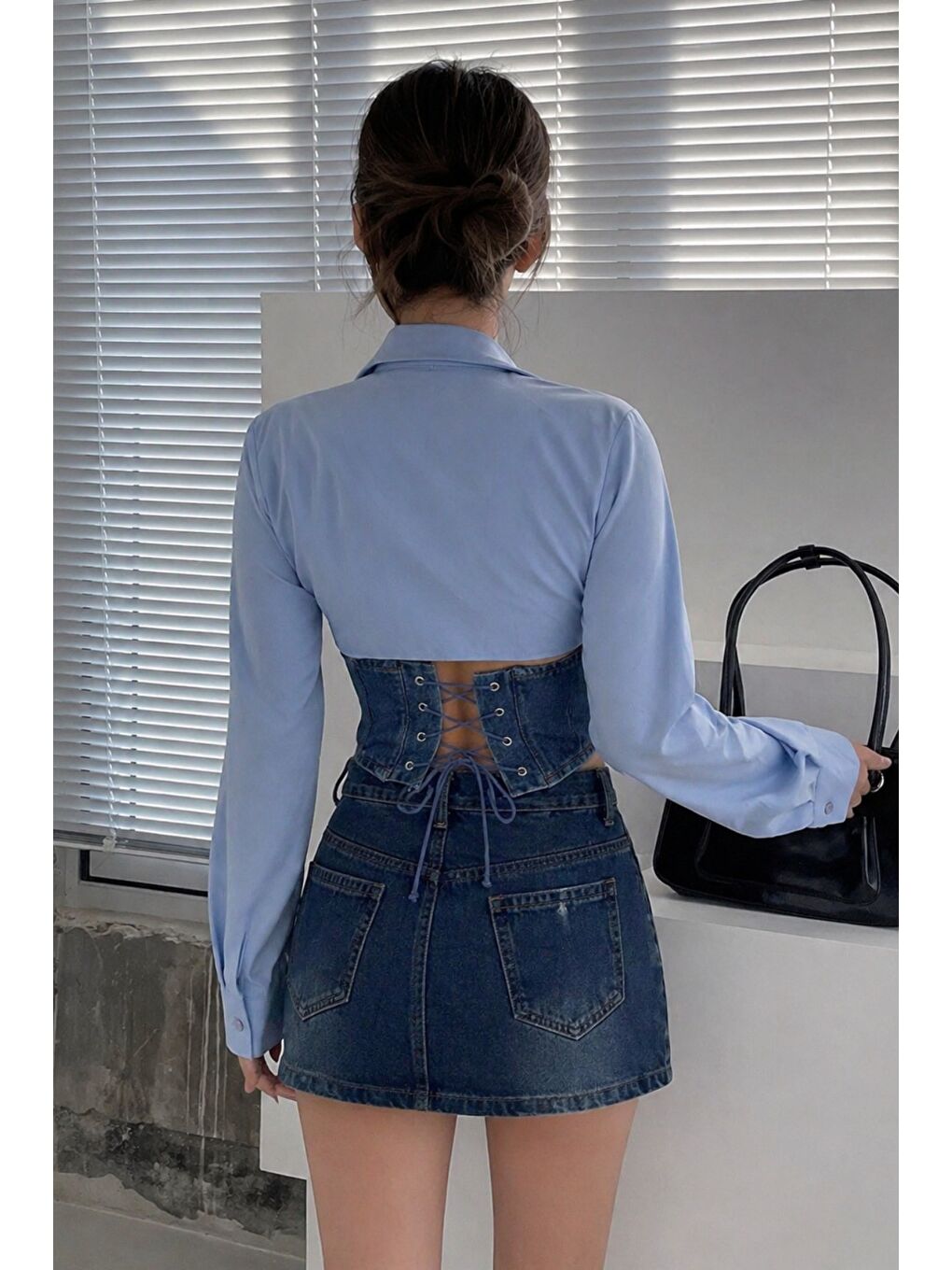 Mavi Kadın Jean Korse Detaylı Özel Tasarım Slim Gömlek-2