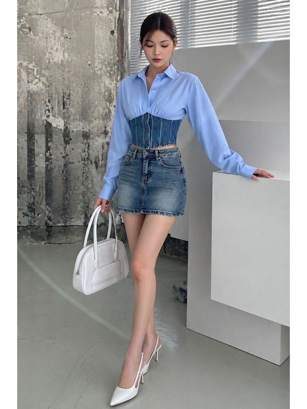 Mavi Kadın Jean Korse Detaylı Özel Tasarım Slim Gömlek-3