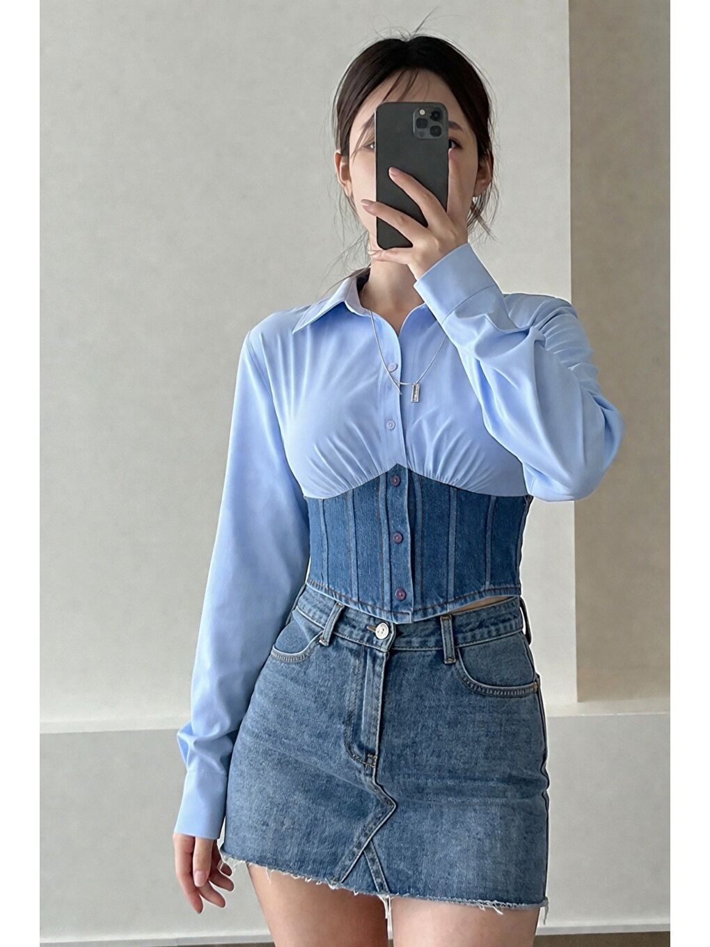 Mavi Kadın Jean Korse Detaylı Özel Tasarım Slim Gömlek-4