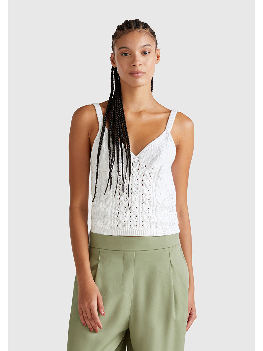 Kadın Beyaz %100 Pamuk Saç Örgülü Triko Atlet