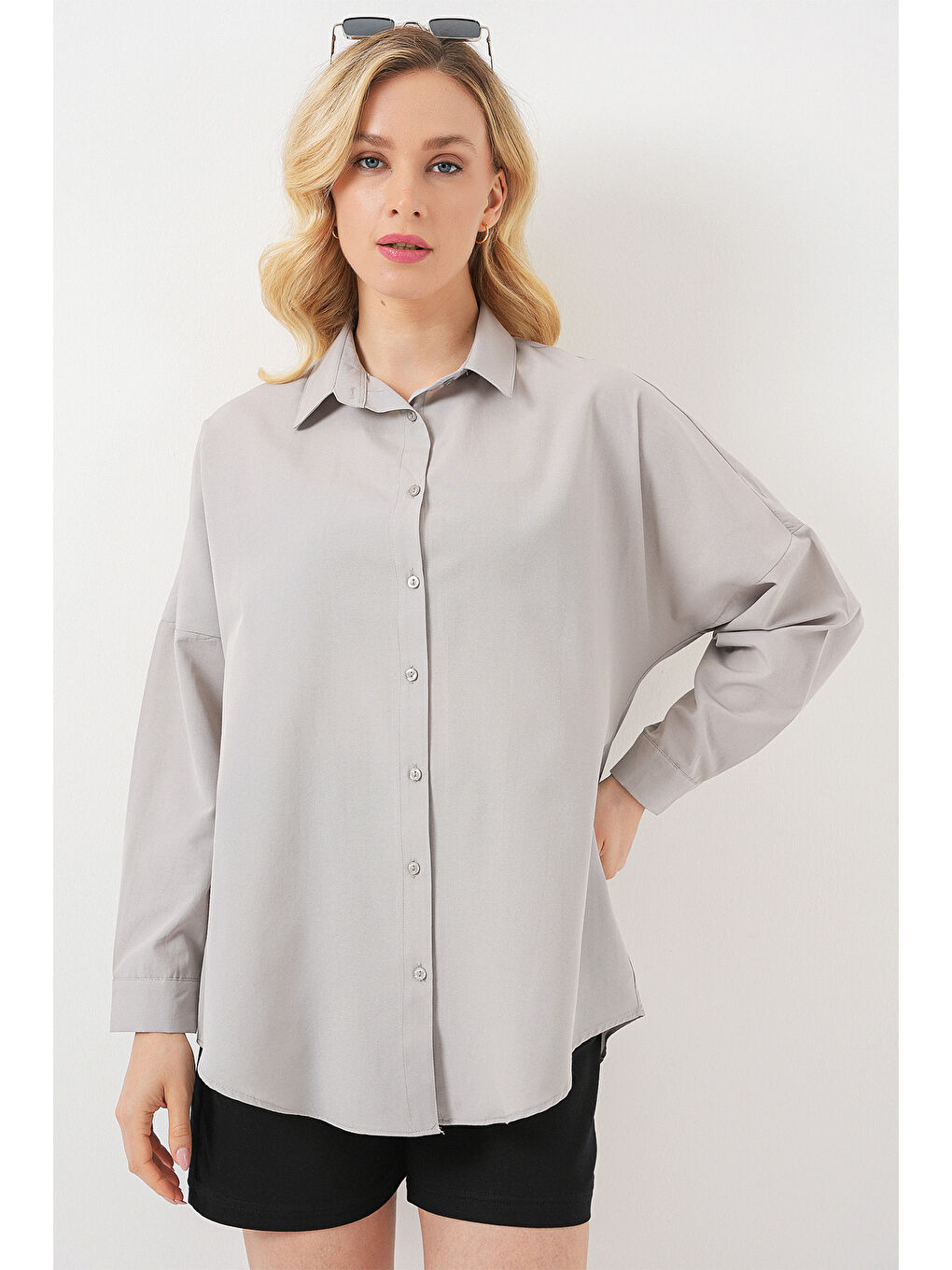 3900 Oversize Uzun Basic Gömlek - A.Gri-2