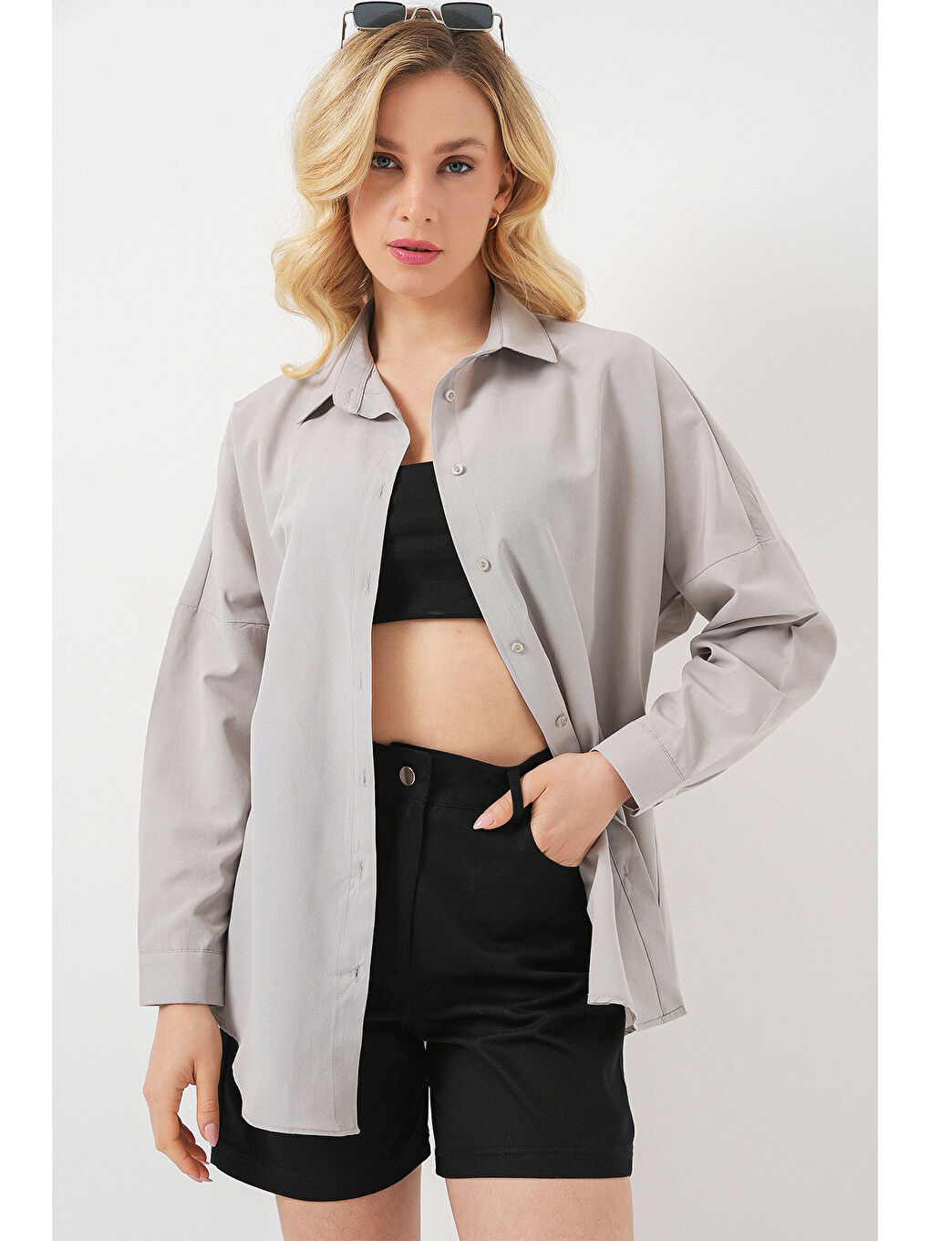 3900 Oversize Uzun Basic Gömlek - A.Gri-3