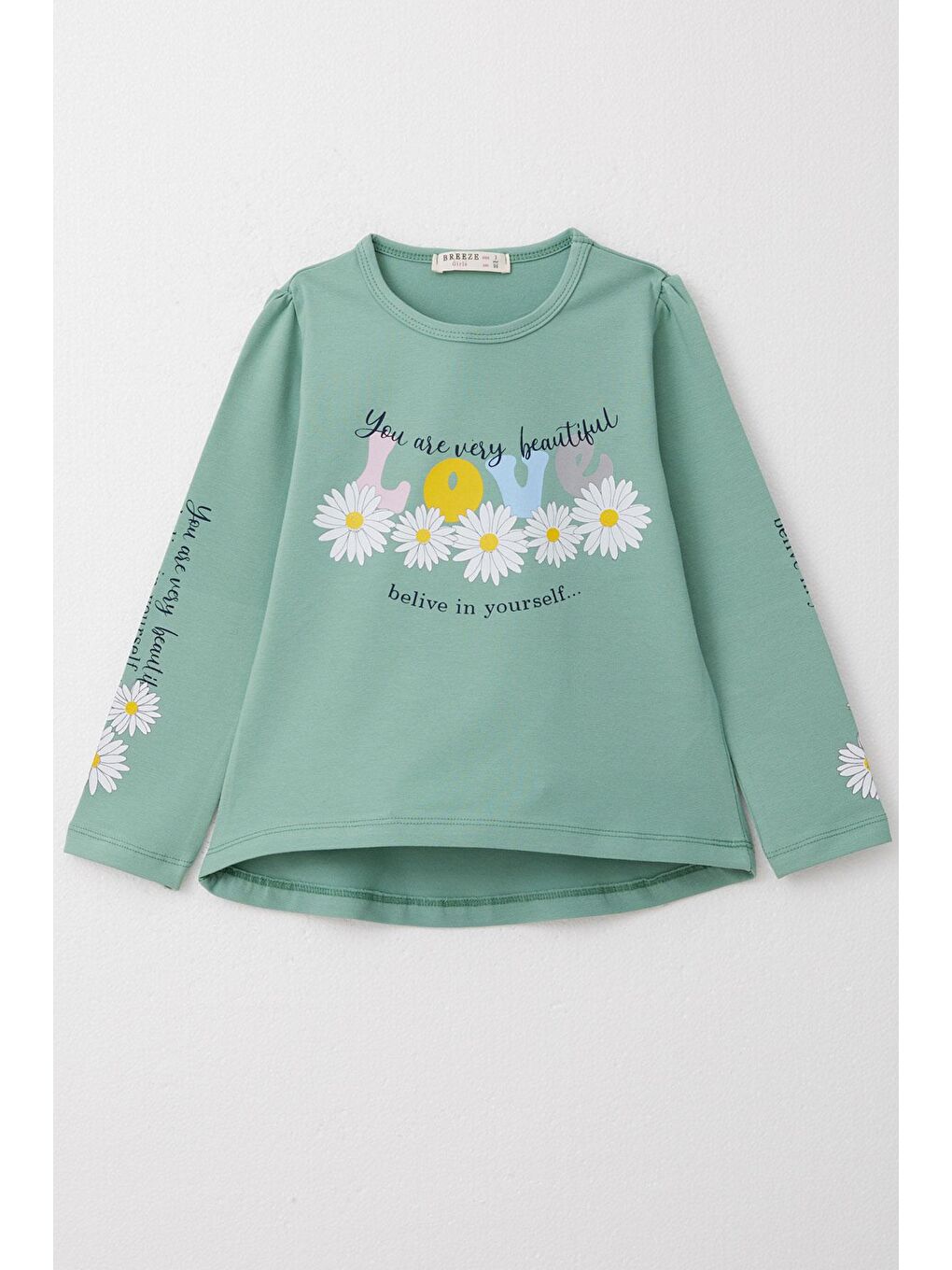 Kız Çocuk Uzun Kollu Tişört Renkli Yazı Baskılı Çiçekli Mint Yeşili (3-8 Yaş)