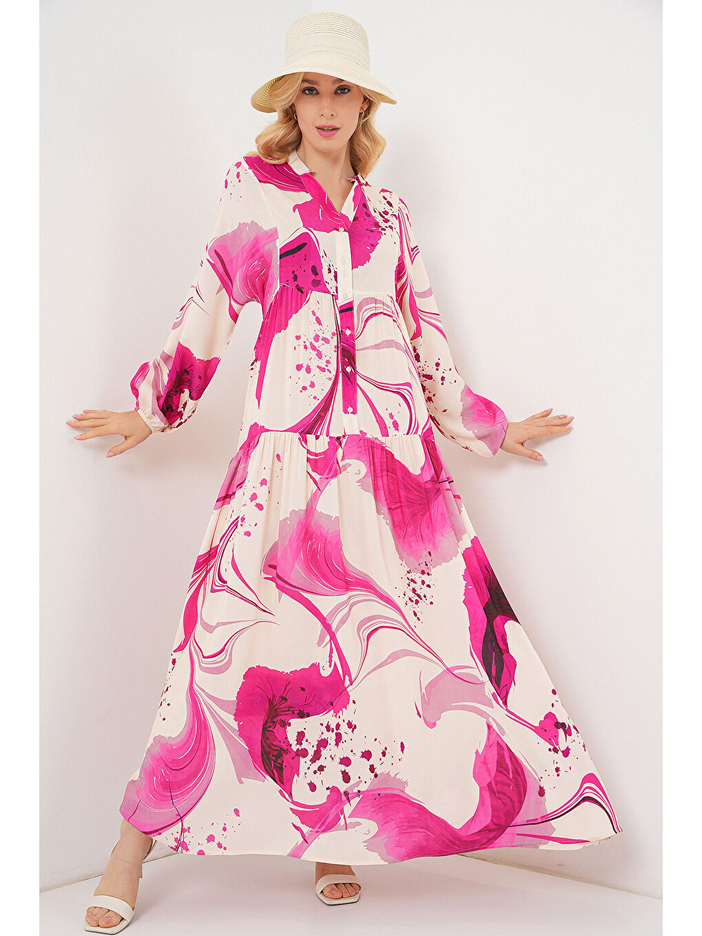 Kadın Desenli Uzun Tesettür Elbise 2585 - Fuşya