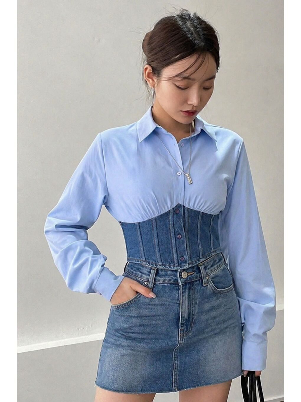 Mavi Kadın Jean Korse Detaylı Özel Tasarım Slim Gömlek-5