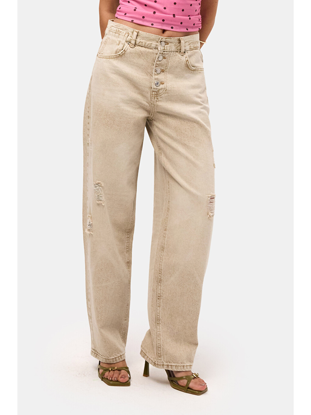 Kahverengi Kadın Taş 12s6-76 Loose Baggy Fit Denim Jean