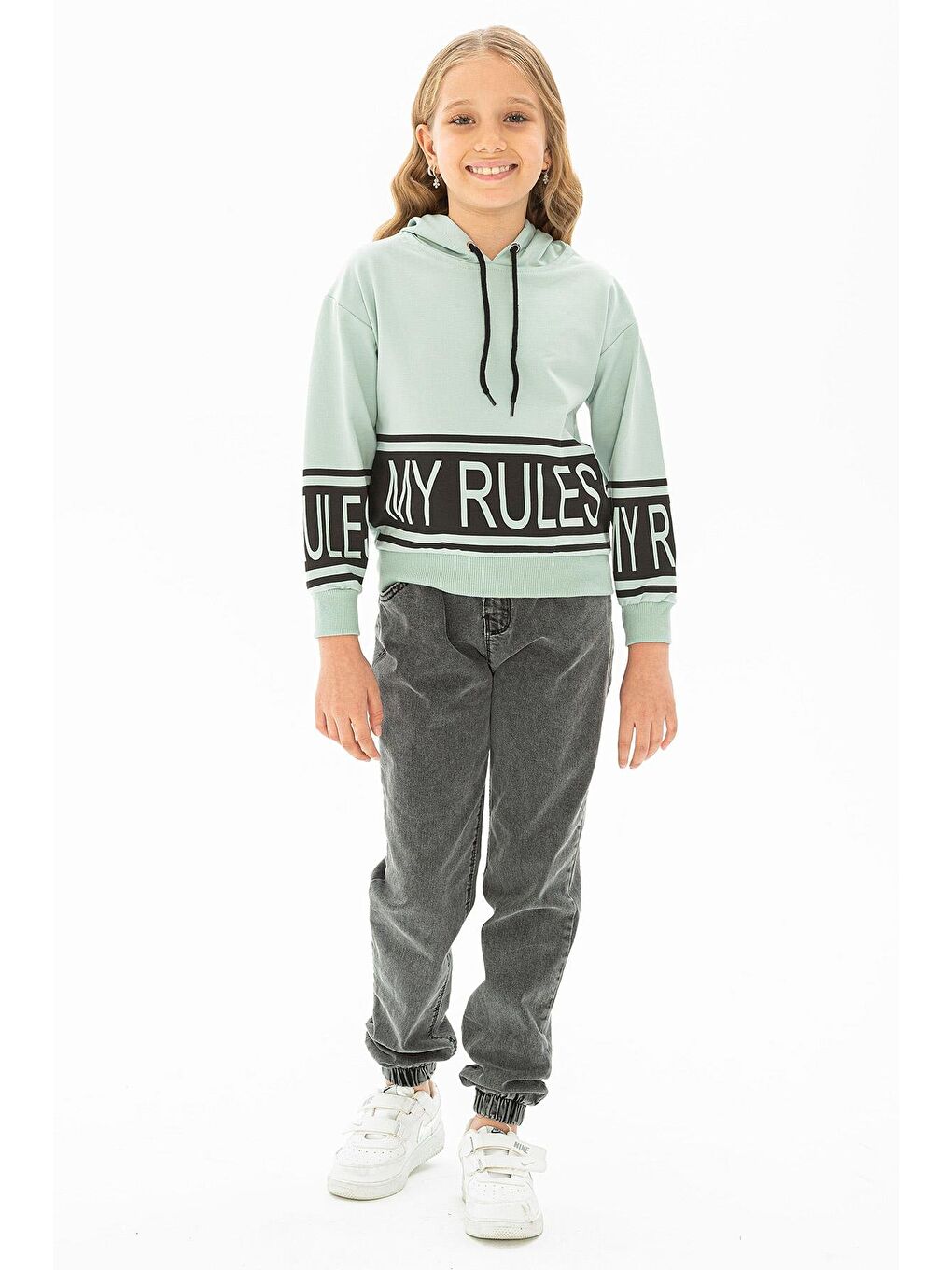 Kapüşonlu Uzun Kol Çağla Yeşil Renk Kız Çocuk Sweatshirt