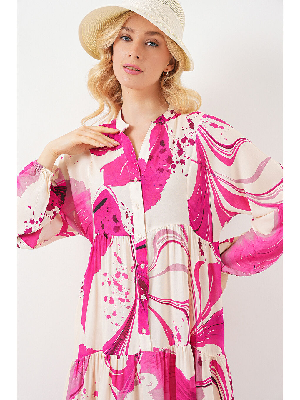 Kadın Desenli Uzun Tesettür Elbise 2585 - Fuşya-2