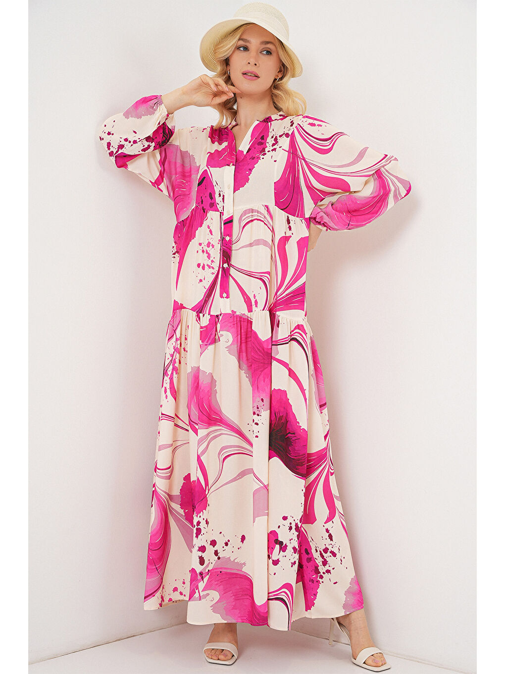 Kadın Desenli Uzun Tesettür Elbise 2585 - Fuşya-3