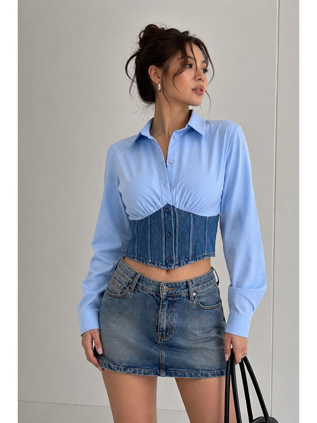 Mavi Kadın Jean Korse Detaylı Özel Tasarım Slim Gömlek-6