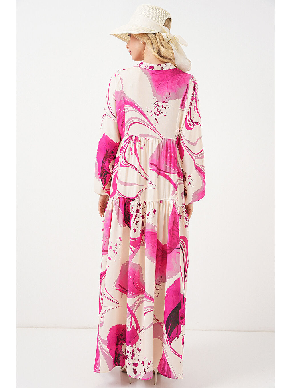 Kadın Desenli Uzun Tesettür Elbise 2585 - Fuşya-5