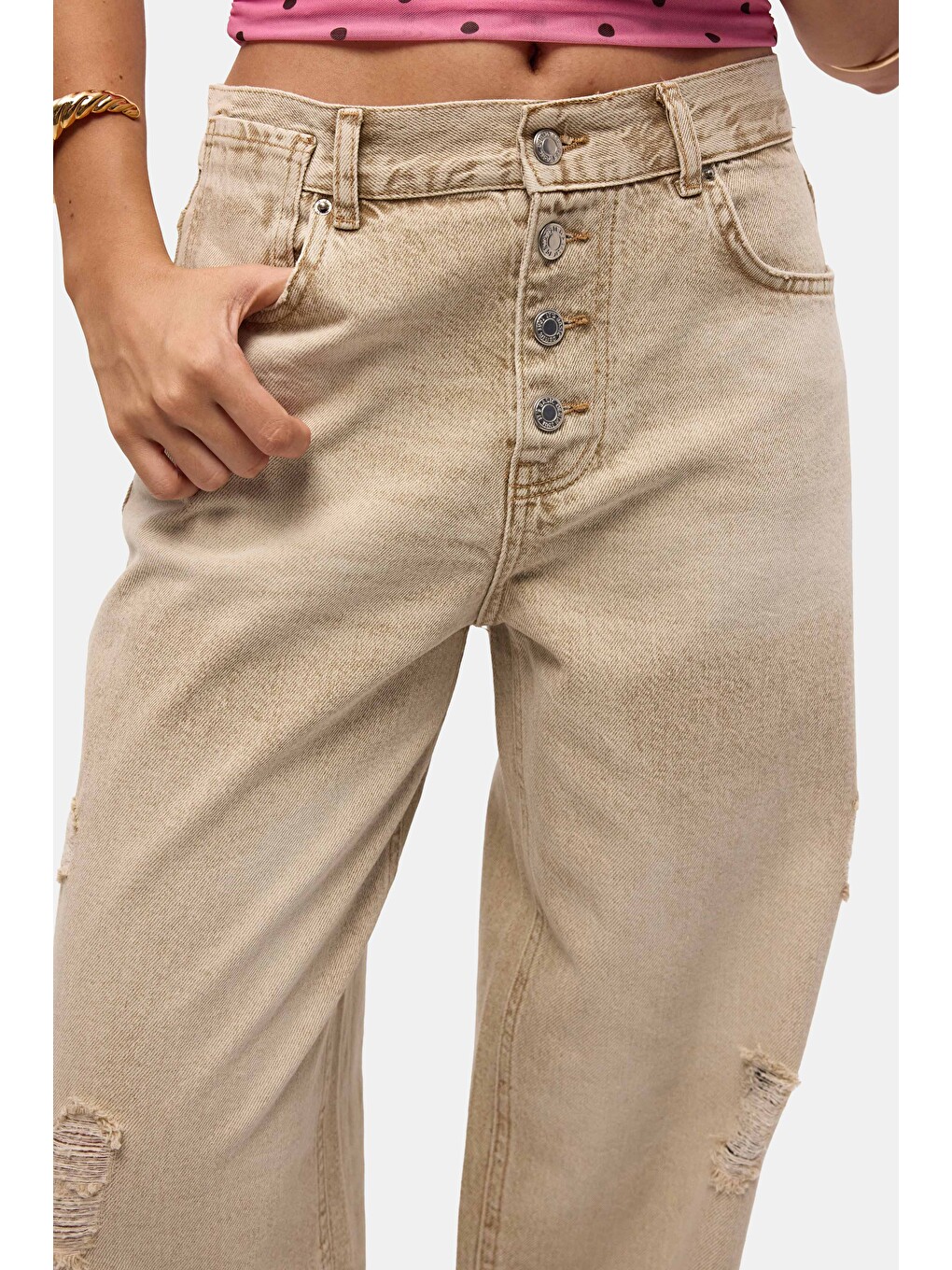 Kahverengi Kadın Taş 12s6-76 Loose Baggy Fit Denim Jean-2