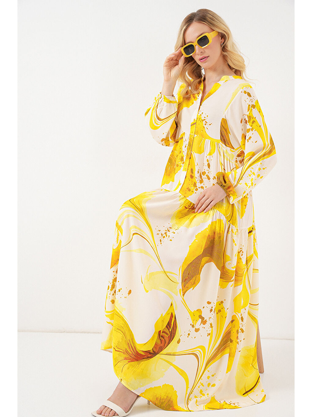 Kadın Desenli Uzun Tesettür Elbise 2585 - Sarı-1