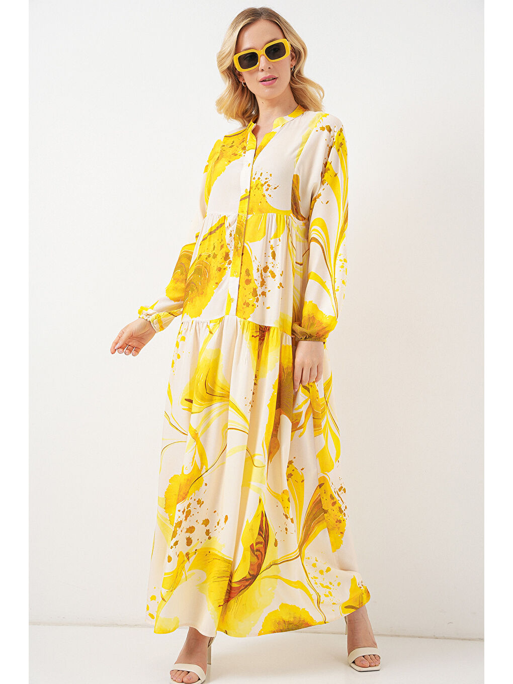 Kadın Desenli Uzun Tesettür Elbise 2585 - Sarı-3