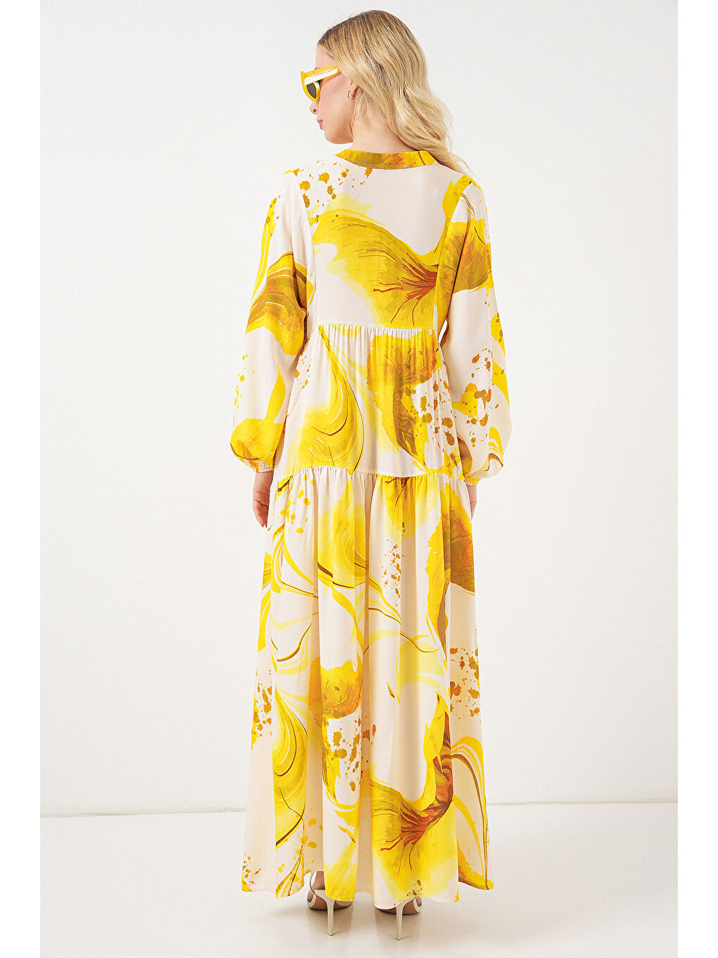 Kadın Desenli Uzun Tesettür Elbise 2585 - Sarı-5