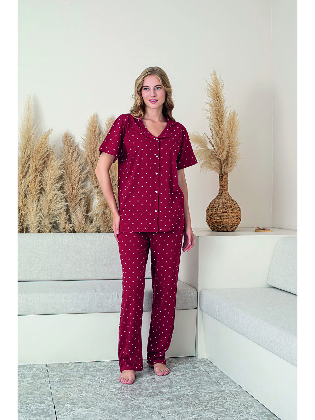 Kırmızı Kadın %100 Doğal Pamuk Kalpli Gömlek Yaka Kısa Kollu Kaliteli Battal Pijama Takımı