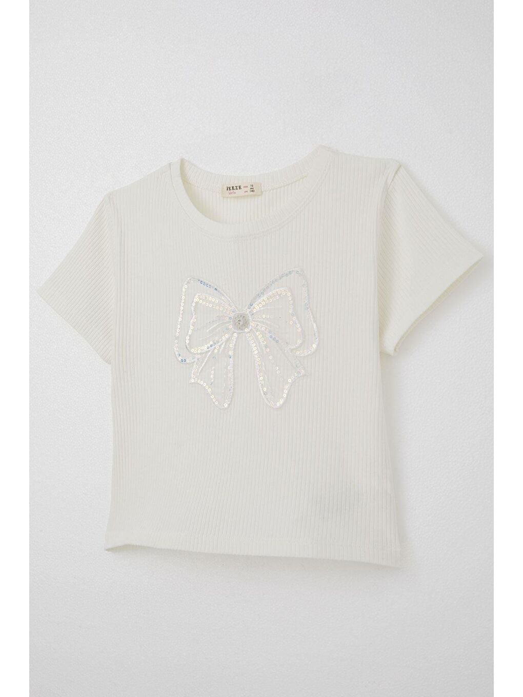 Kız Çocuk Crop Tişört Fiyonk Arma Aksesuarlı Ekru (9-14 Yaş)-2