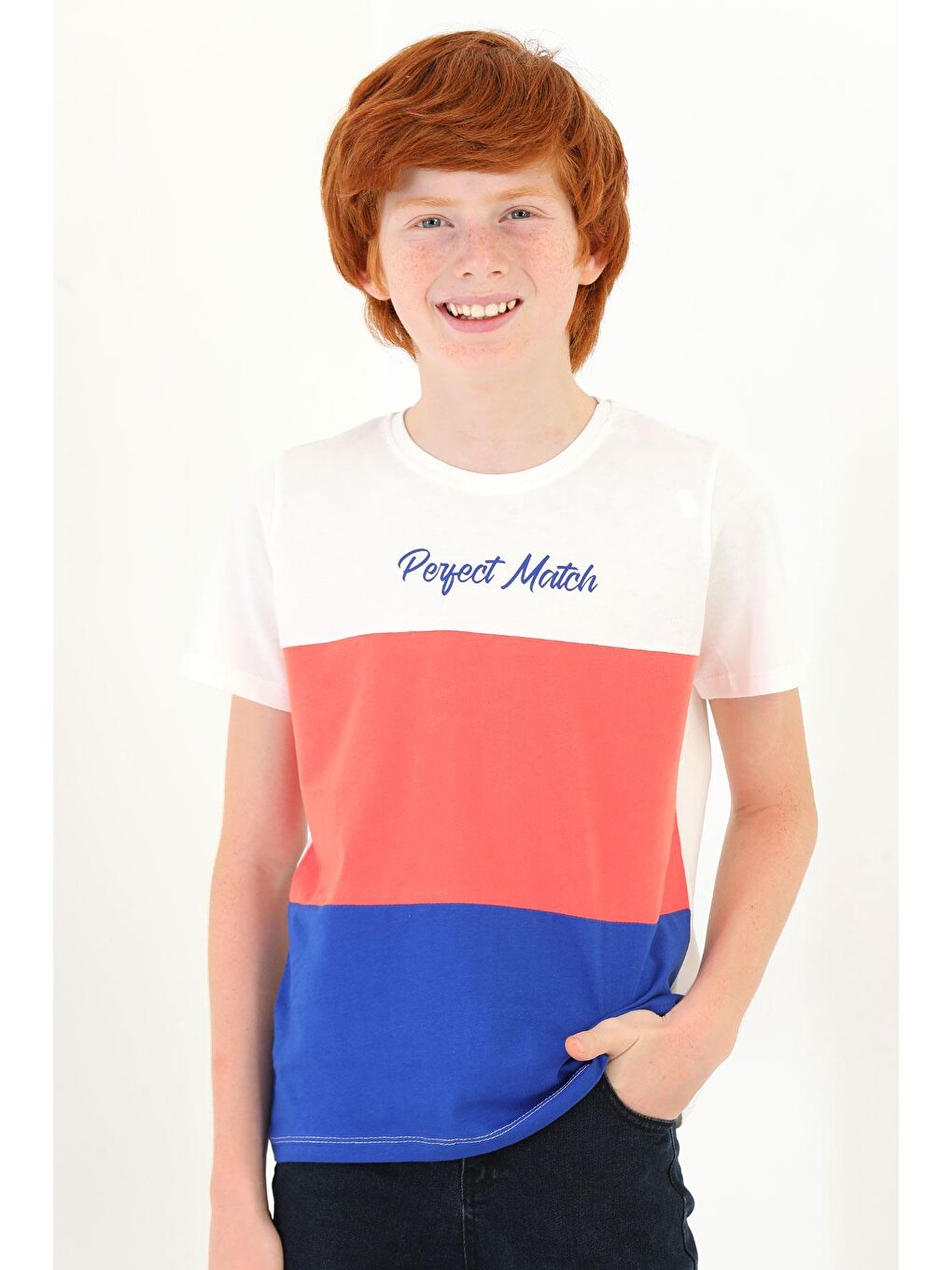 Yeşil Bisiklet Yaka Kısa Kol Perfect Match Baskı Parçalı Ekru Saks Renk Erkek Çocuk Tshirt-1