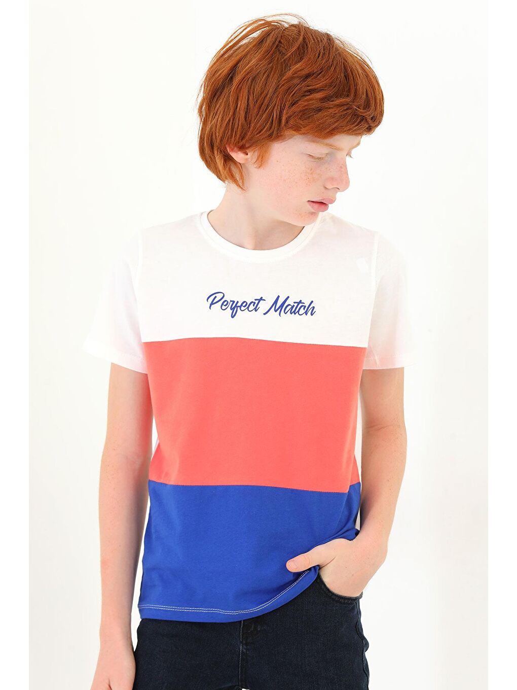 Yeşil Bisiklet Yaka Kısa Kol Perfect Match Baskı Parçalı Ekru Saks Renk Erkek Çocuk Tshirt-2