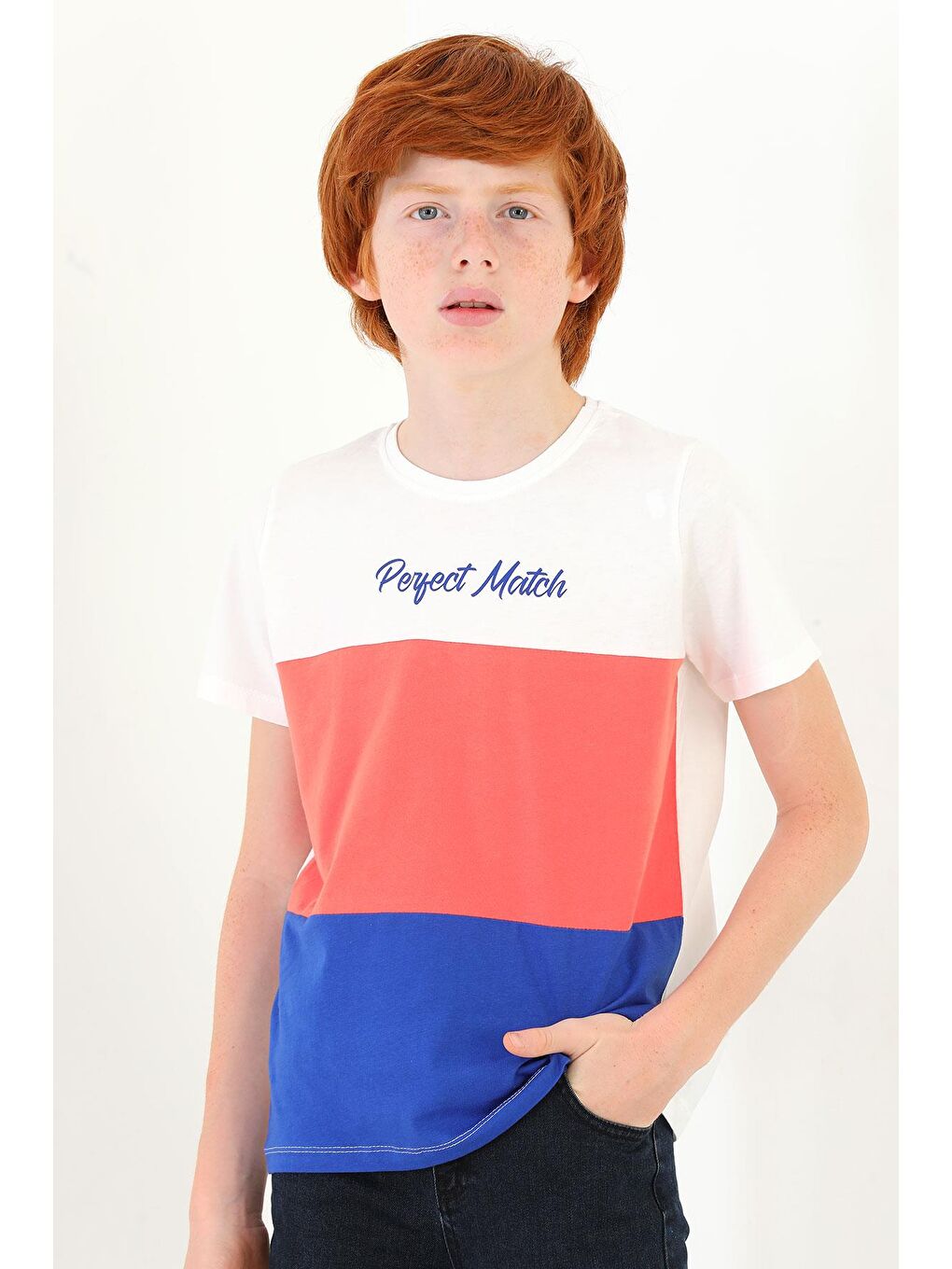 Yeşil Bisiklet Yaka Kısa Kol Perfect Match Baskı Parçalı Ekru Saks Renk Erkek Çocuk Tshirt-3