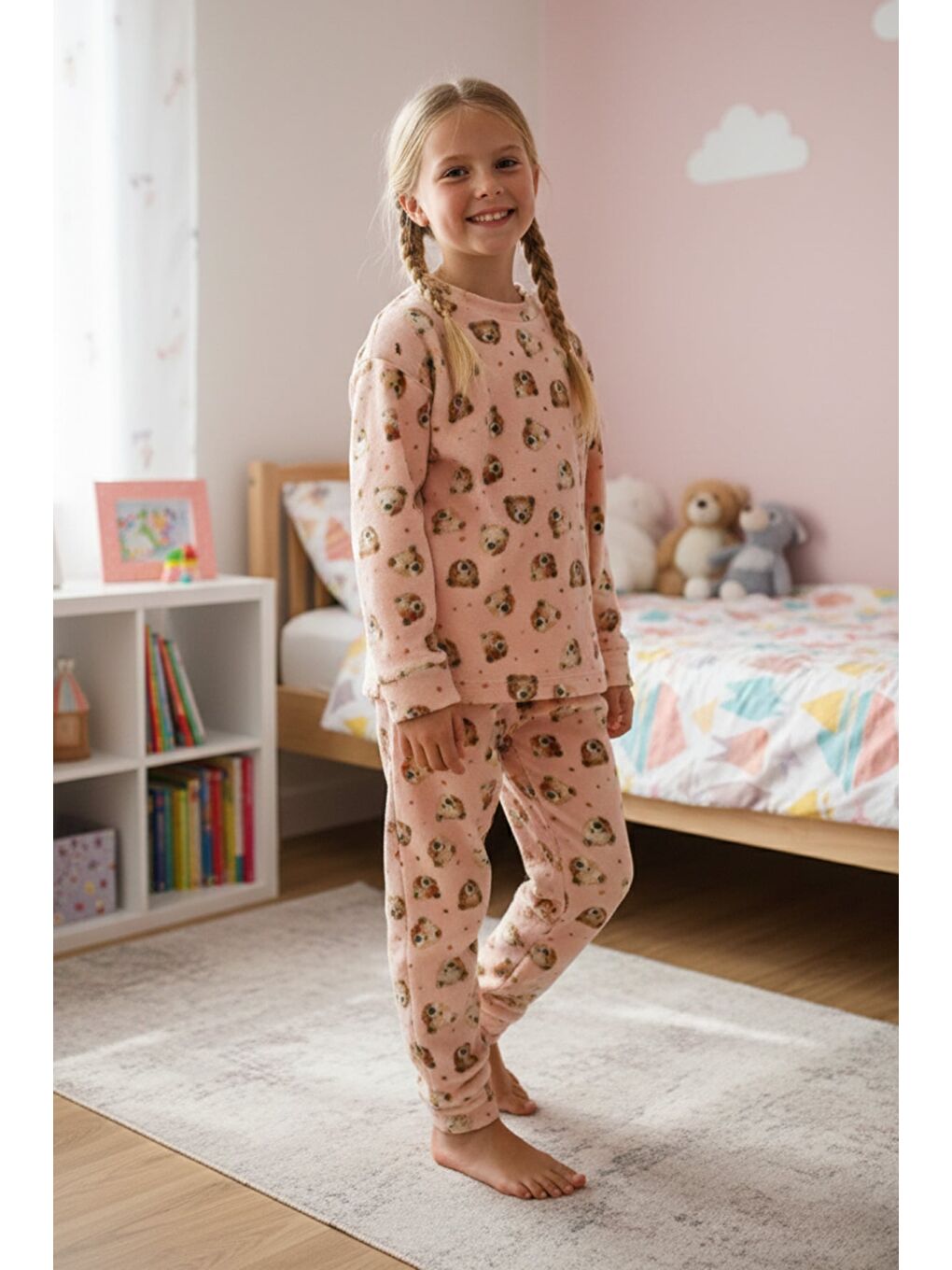 Pembe Ayıcık Desenli Polar Unisex Çocuk Pijama Takımı