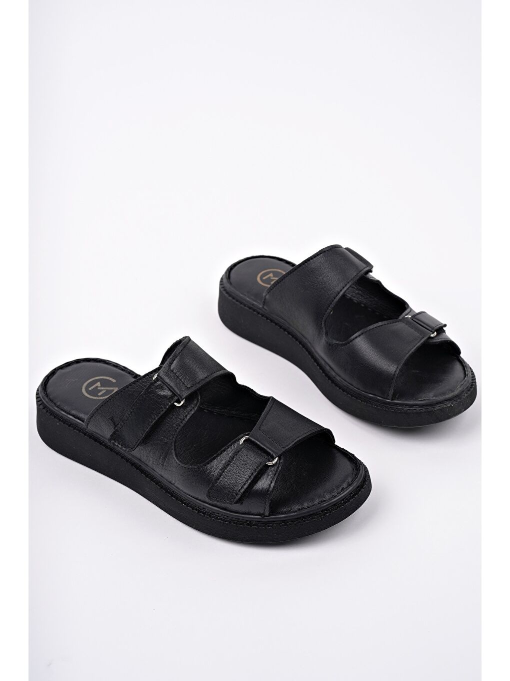 Siyah MORGEN Hakiki Deri Çift Bantlı Ayarlanabilir Ortopedik Günlük Kadın Terlik-1