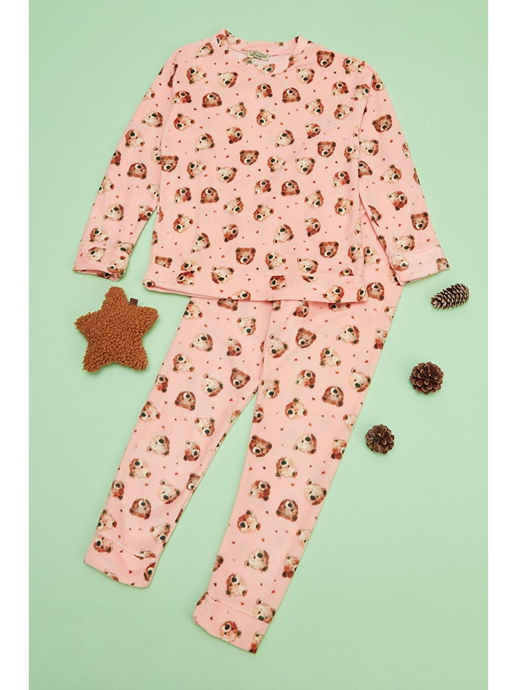 Pembe Ayıcık Desenli Polar Unisex Çocuk Pijama Takımı-2