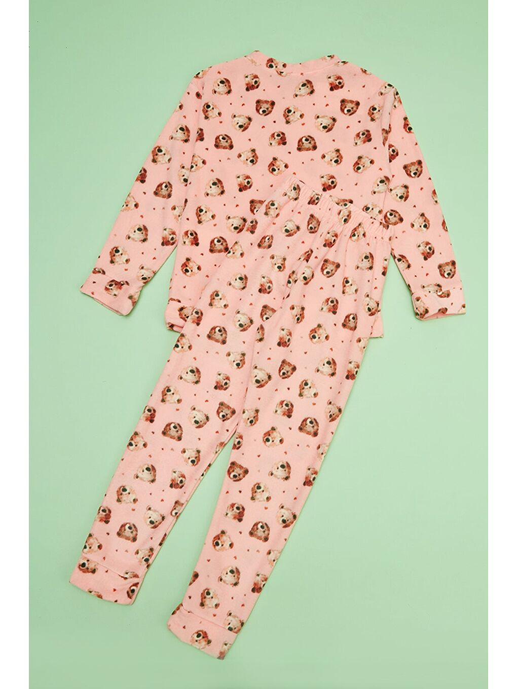 Pembe Ayıcık Desenli Polar Unisex Çocuk Pijama Takımı-3