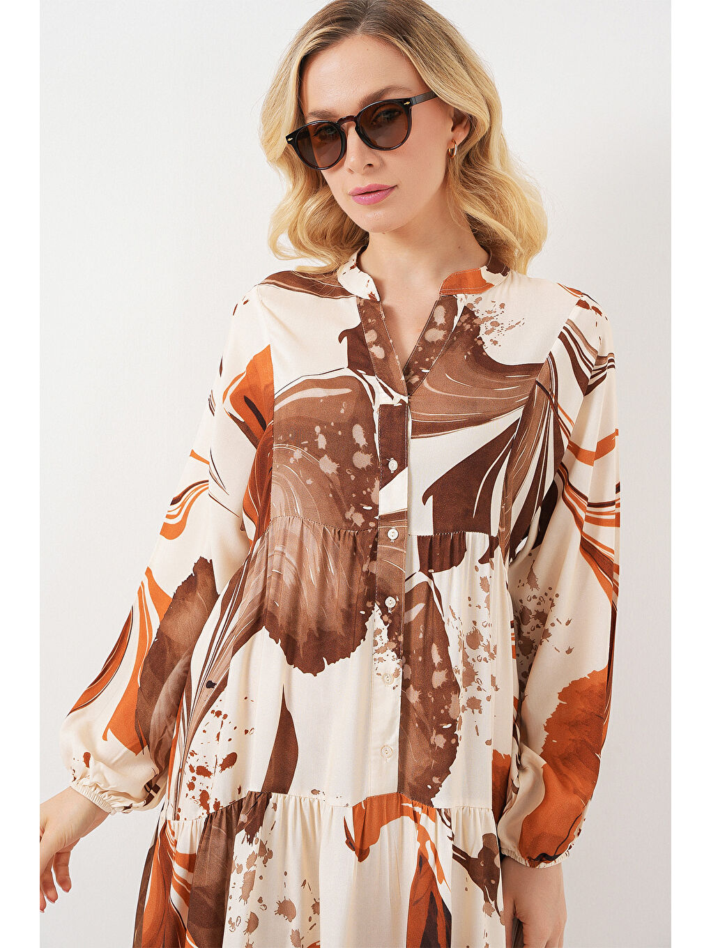 Kadın Desenli Uzun Tesettür Elbise 2585 - Kahverengi-2