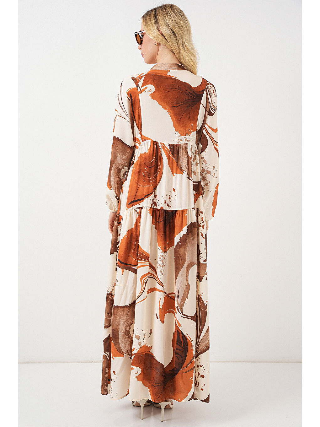 Kadın Desenli Uzun Tesettür Elbise 2585 - Kahverengi-5