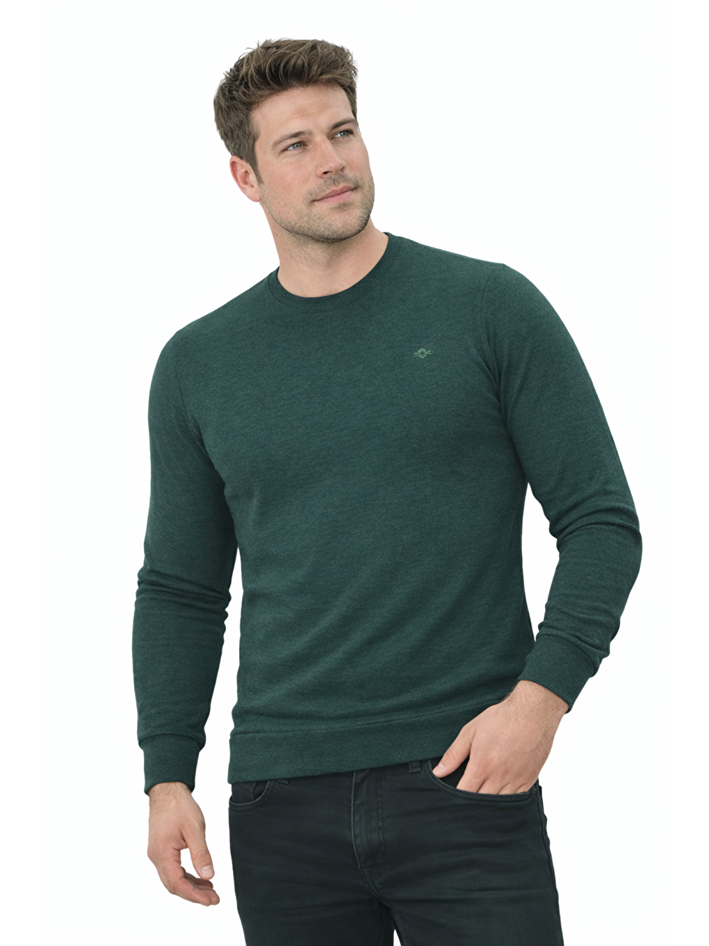 Yeşil Erkek Pamuklu Sıfır Yaka Manşetli Selanik Kumaş Kaliteli Uzun Kollu Sweat