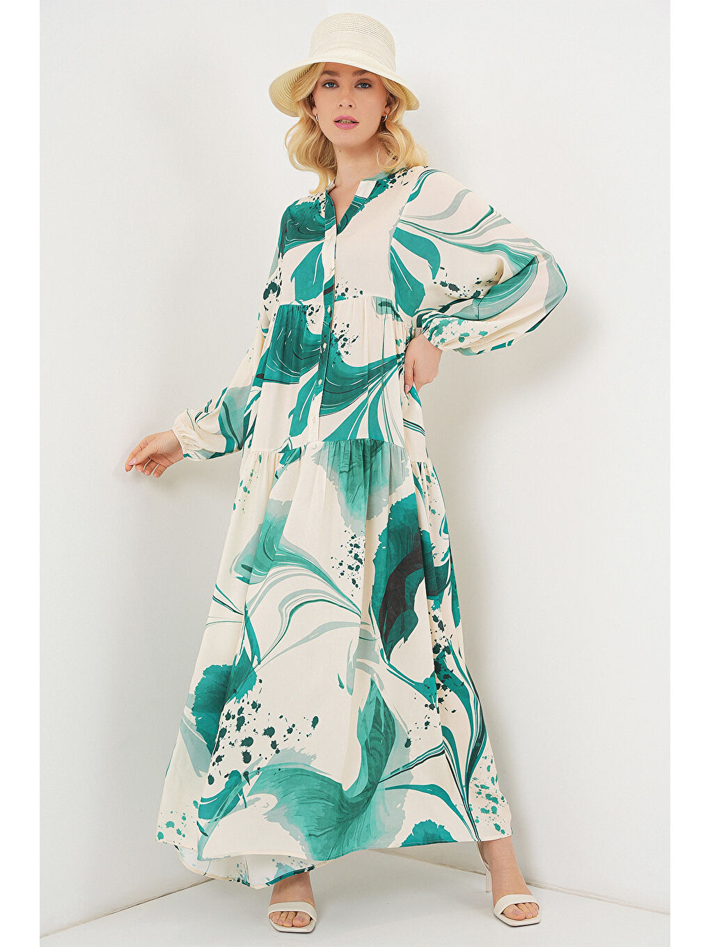 Kadın Desenli Uzun Tesettür Elbise 2585 - Zümrüt Yeşili