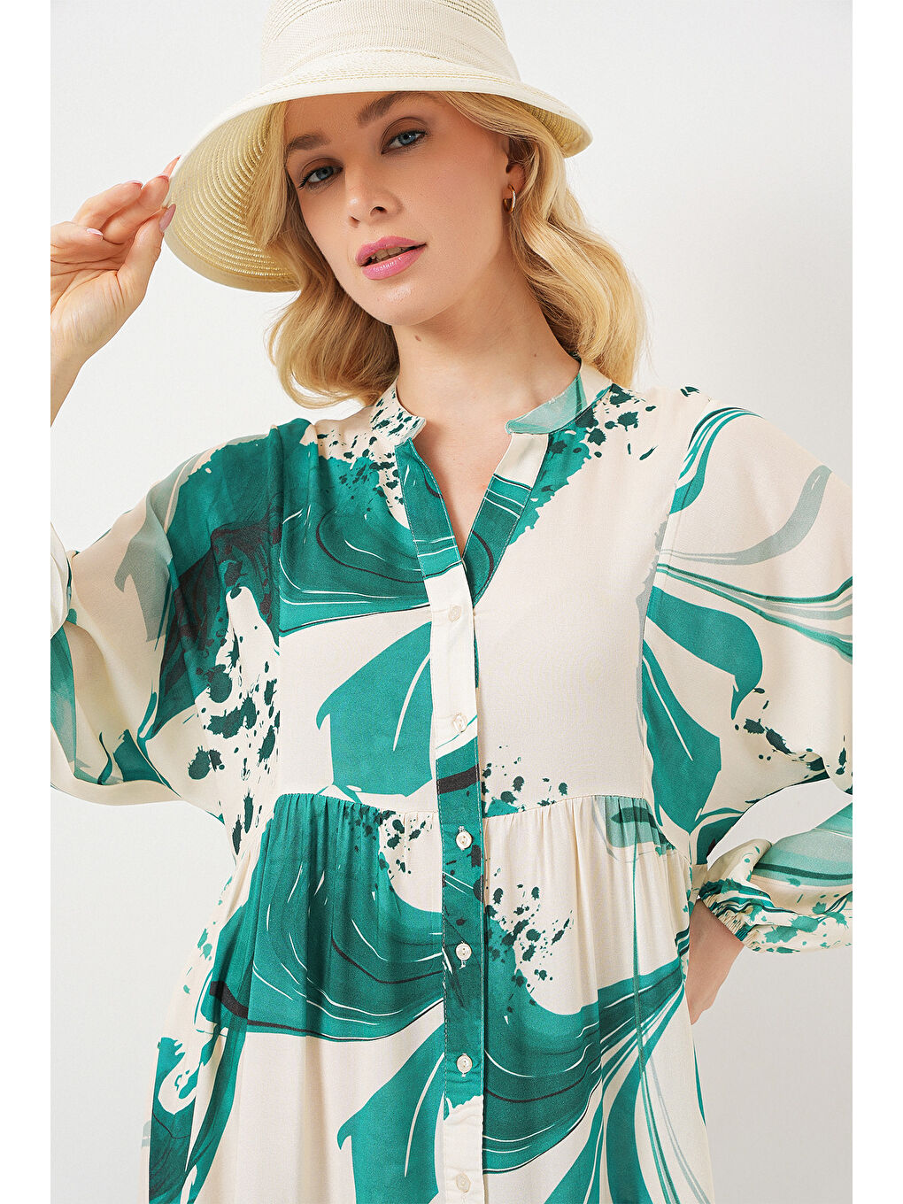 Kadın Desenli Uzun Tesettür Elbise 2585 - Zümrüt Yeşili-2