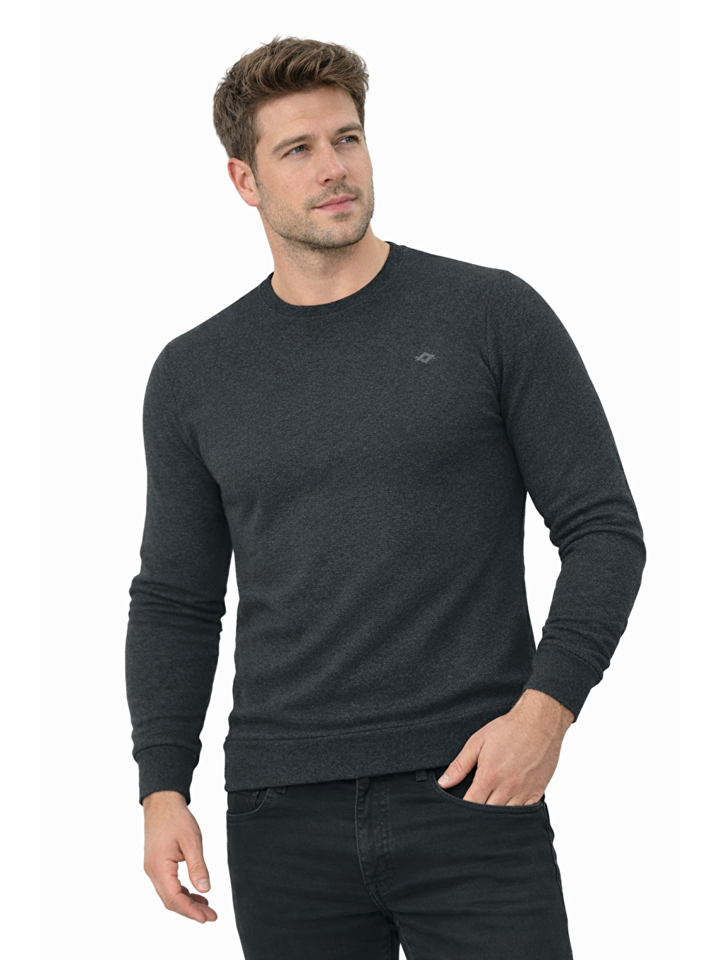 Siyah Erkek Pamuklu Sıfır Yaka Manşetli Selanik Kumaş Kaliteli Uzun Kollu Sweat