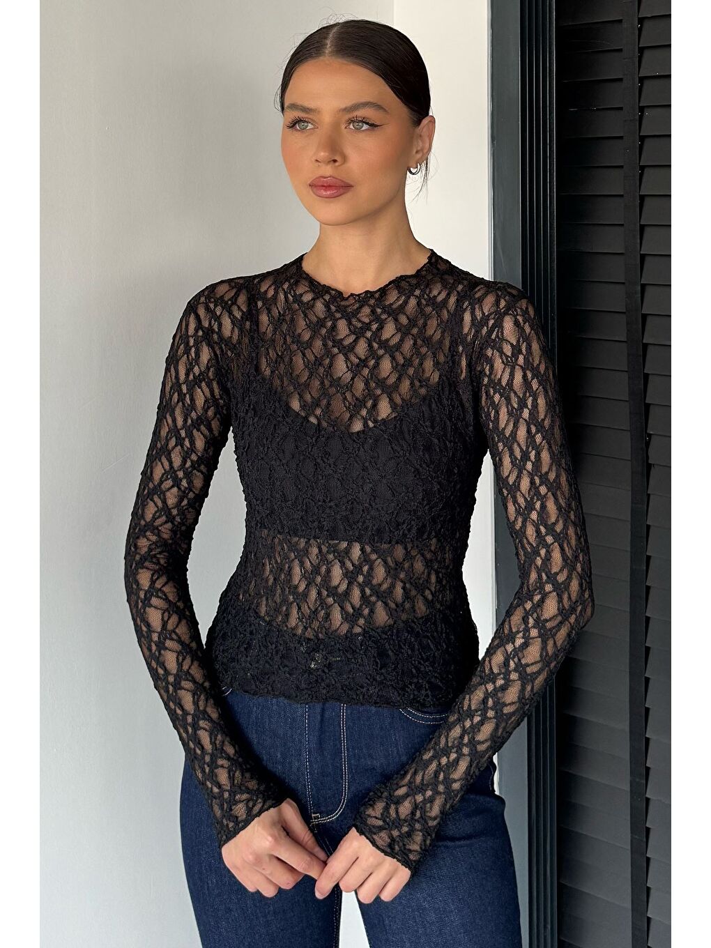 Siyah Kadın Dik Yaka Elastanlı Transparan Bluz