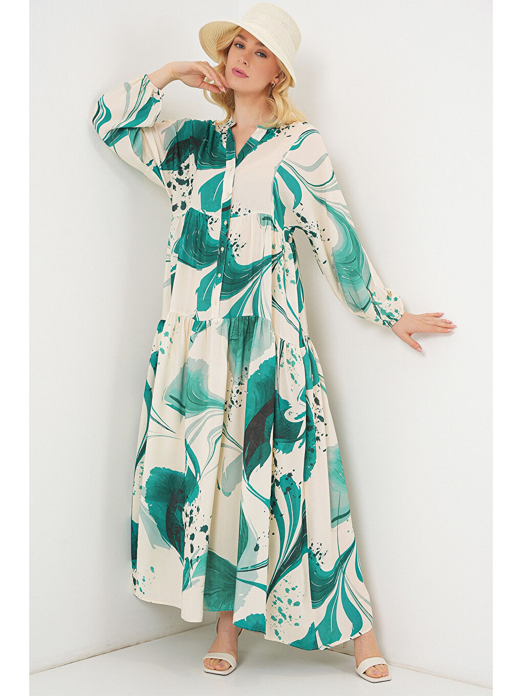 Kadın Desenli Uzun Tesettür Elbise 2585 - Zümrüt Yeşili-3