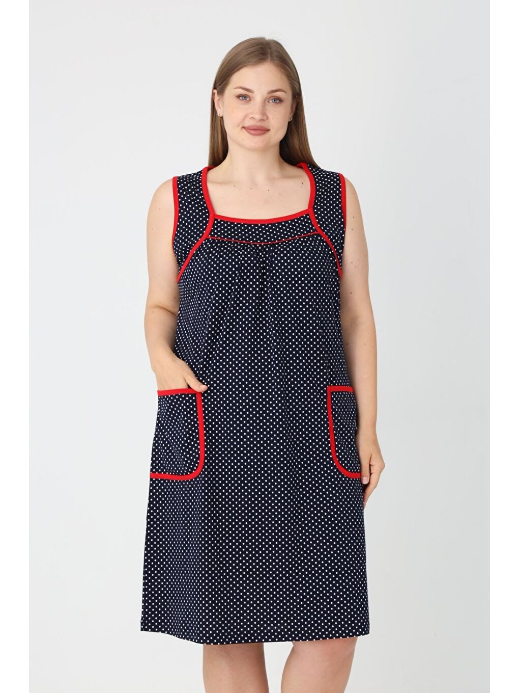 Lacivert Puantiyeli Biyeli Askılı Cepli Pamuklu Kadın Büyük Beden Elbise