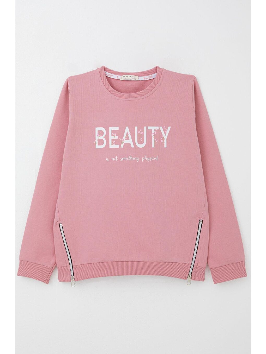 Pembe Kız Çocuk Sweatshirt Yazı Baskılı Kenarları Fermuar Detaylı Gülkurusu (9-14 Yaş)