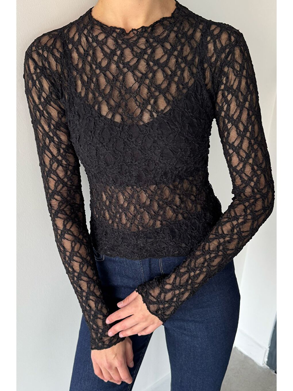 Siyah Kadın Dik Yaka Elastanlı Transparan Bluz-1