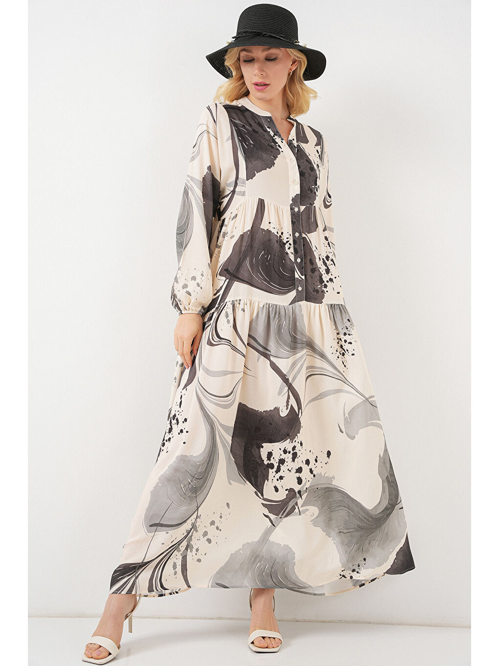 Kadın Desenli Uzun Tesettür Elbise 2585 - Siyah