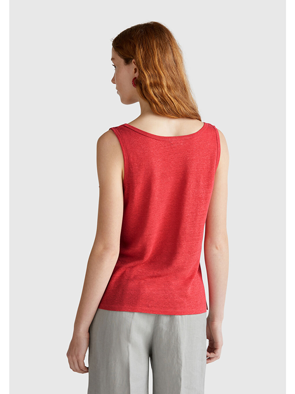 Kadın Mercan %100 Keten Yanları Yırtmaçlı Regular Fit Yuvarlak Yaka Atlet-2