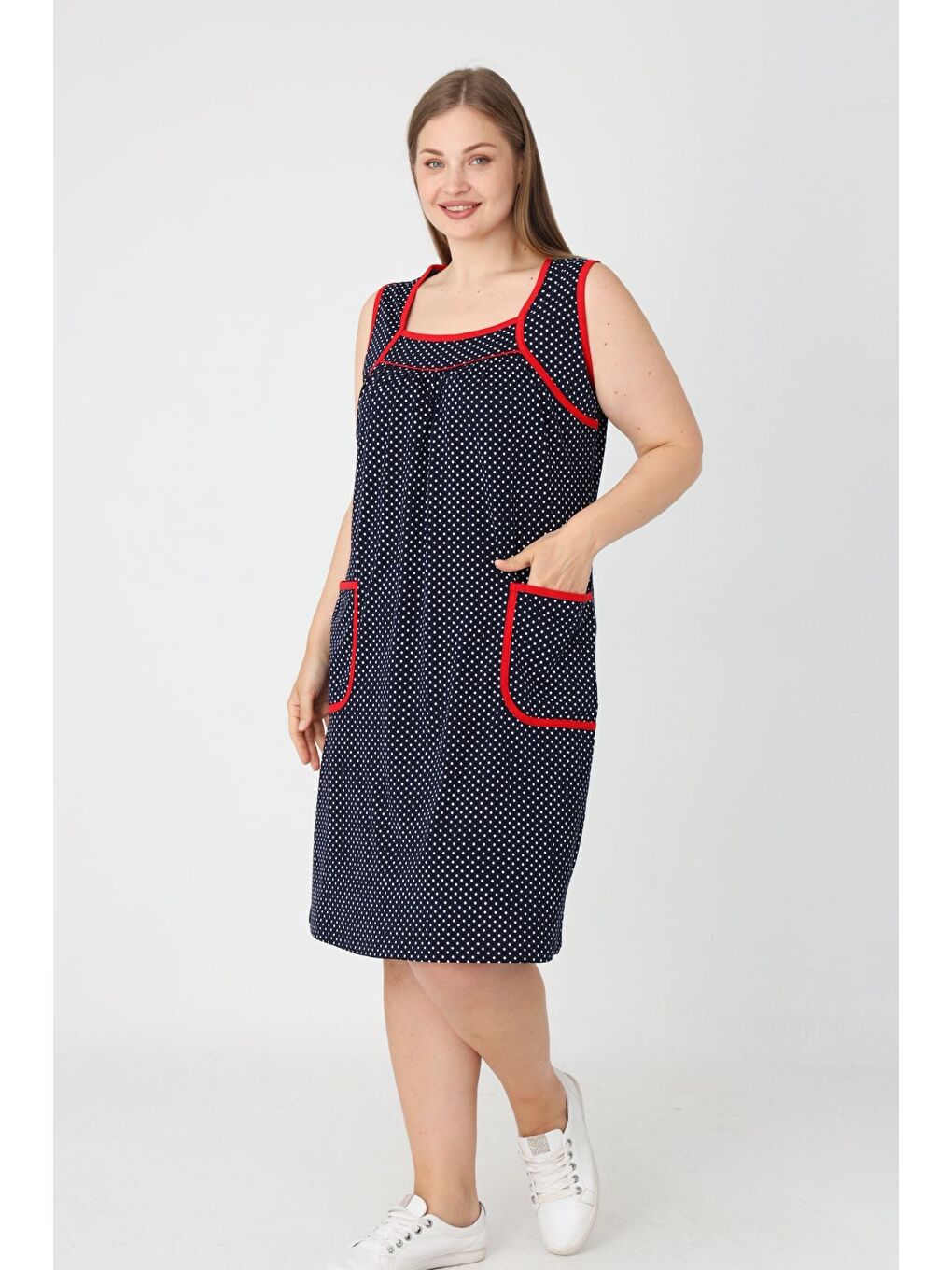 Lacivert Puantiyeli Biyeli Askılı Cepli Pamuklu Kadın Büyük Beden Elbise-1