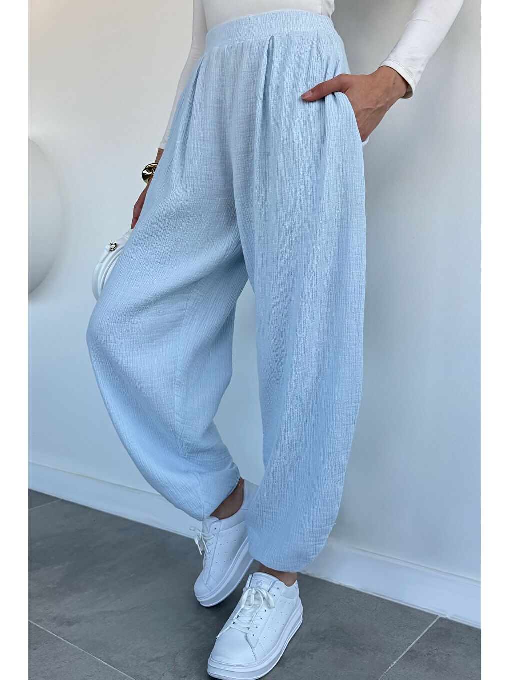 Mavi Kadın Muslin Kumaş Şalvar Pantolon