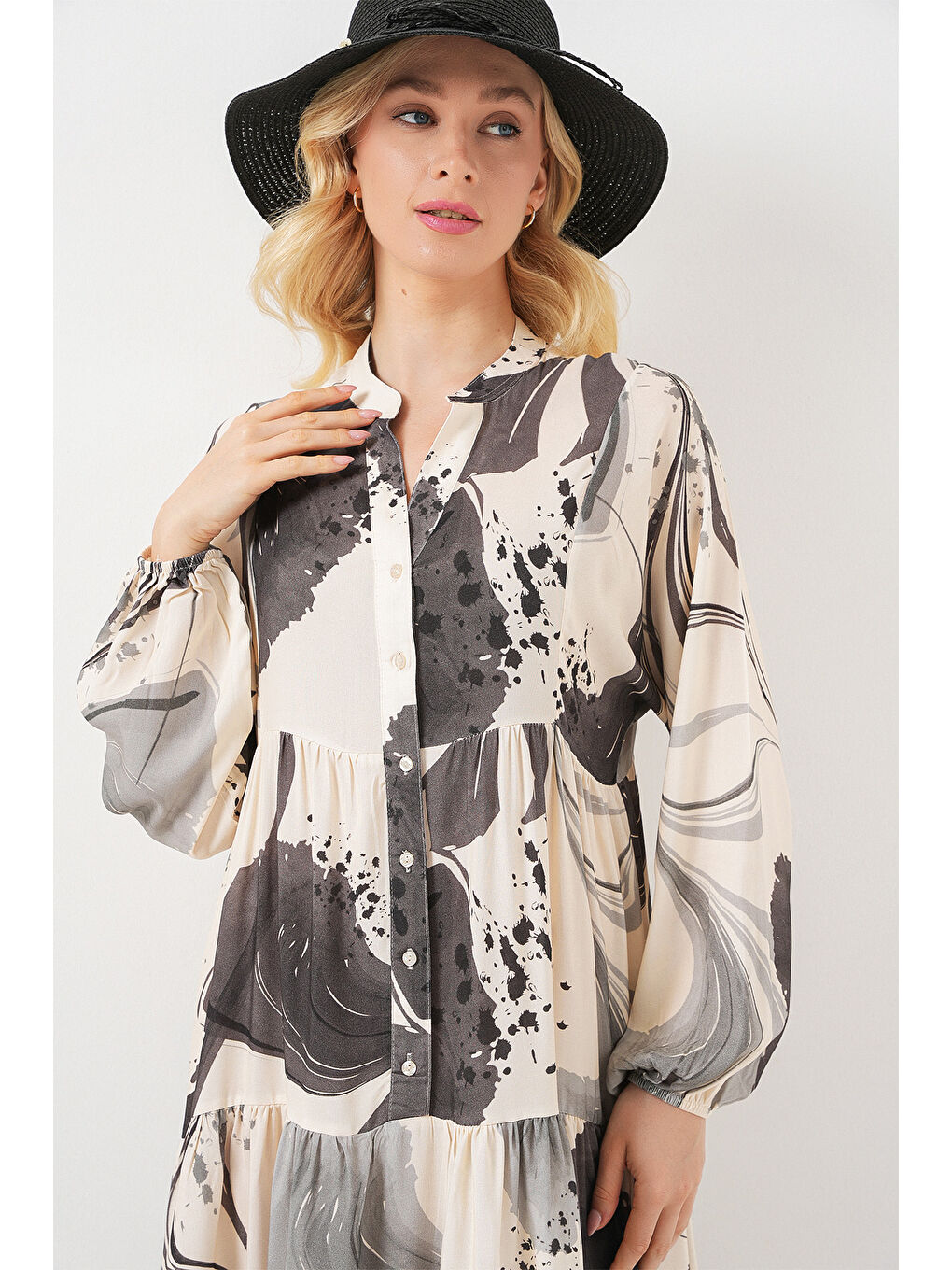 Kadın Desenli Uzun Tesettür Elbise 2585 - Siyah-2