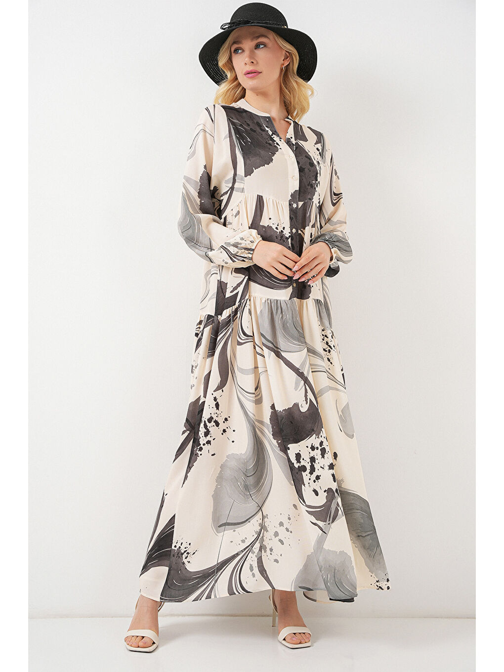 Kadın Desenli Uzun Tesettür Elbise 2585 - Siyah-3